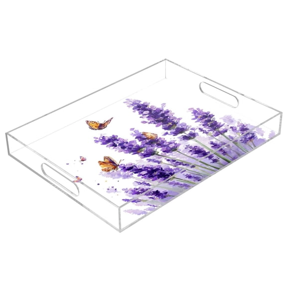 Acrylic Tray 15.7*11.8*1.9 Inch Transparent Tray Food Tray Tea Cup Tray Serving Trays Cosmetics Storage Kitchen Table Bathroom Sundry Storage Purple Lavender Butterfly