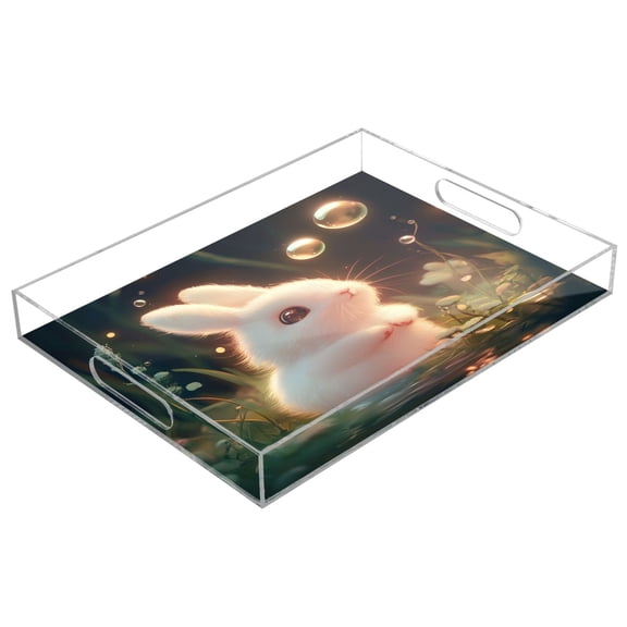 Acrylic Tray 15.7*11.8*1.9 Inch Transparent Tray Food Tray Tea Cup Tray Serving Trays Cosmetics Storage Kitchen Table Bathroom Sundry Storage Rabbit Bubble