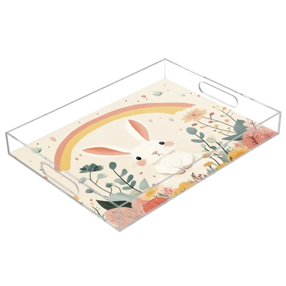 Acrylic Tray 15.7*11.8*1.9 Inch Transparent Tray Food Tray Tea Cup Tray Serving Trays Cosmetics Storage Kitchen Table Bathroom Sundry Storage Rainbow Cute Rabbit