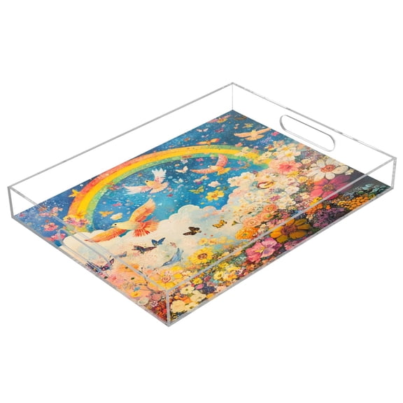 Acrylic Tray 15.7*11.8*1.9 Inch Transparent Tray Food Tray Tea Cup Tray Serving Trays Cosmetics Storage Kitchen Table Bathroom Sundry Storage Rainbow Dove