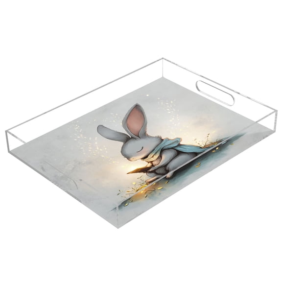 Acrylic Tray 15.7*11.8*1.9 Inch Transparent Tray Food Tray Tea Cup Tray Serving Trays Cosmetics Storage Kitchen Table Bathroom Sundry Storage Reading Rabbit