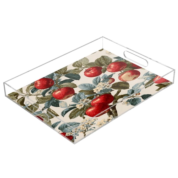 Acrylic Tray 15.7*11.8*1.9 Inch Transparent Tray Food Tray Tea Cup Tray Serving Trays Cosmetics Storage Kitchen Table Bathroom Sundry Storage Red Apple Pattern