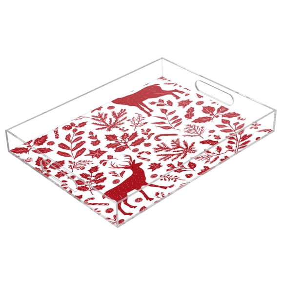 Acrylic Tray 15.7*11.8*1.9 Inch Transparent Tray Food Tray Tea Cup Tray Serving Trays Cosmetics Storage Kitchen Table Bathroom Sundry Storage Red Christmas Deer