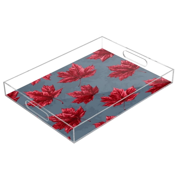 Acrylic Tray 15.7*11.8*1.9 Inch Transparent Tray Food Tray Tea Cup Tray Serving Trays Cosmetics Storage Kitchen Table Bathroom Sundry Storage Red Maple Leaf Cute