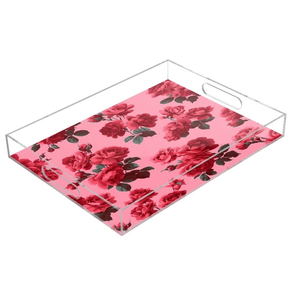 Acrylic Tray 15.7*11.8*1.9 Inch Transparent Tray Food Tray Tea Cup Tray Serving Trays Cosmetics Storage Kitchen Table Bathroom Sundry Storage Red Rose Ink