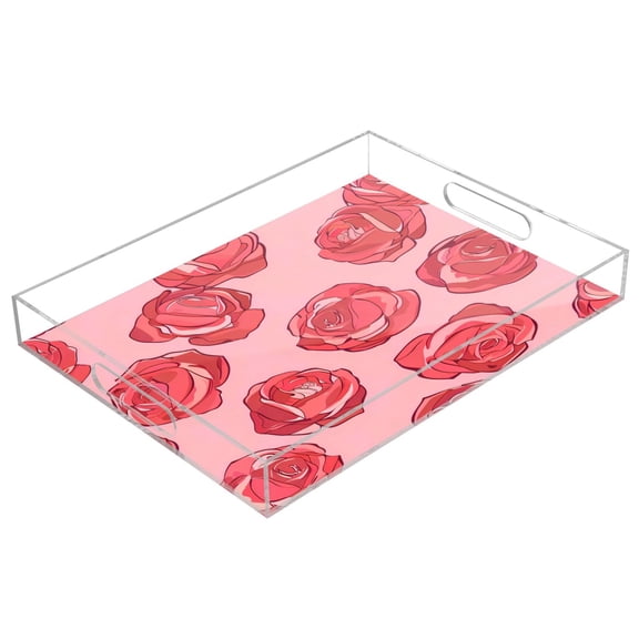 Acrylic Tray 15.7*11.8*1.9 Inch Transparent Tray Food Tray Tea Cup Tray Serving Trays Cosmetics Storage Kitchen Table Bathroom Sundry Storage Red Rose
