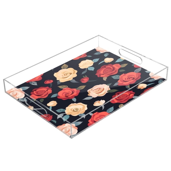 Acrylic Tray 15.7*11.8*1.9 Inch Transparent Tray Food Tray Tea Cup Tray Serving Trays Cosmetics Storage Kitchen Table Bathroom Sundry Storage Red Rose Cartoon