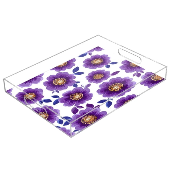 Acrylic Tray 15.7*11.8*1.9 Inch Transparent Tray Food Tray Tea Cup Tray Serving Trays Cosmetics Storage Kitchen Table Bathroom Sundry Storage Retro Groovy Purple Daisies