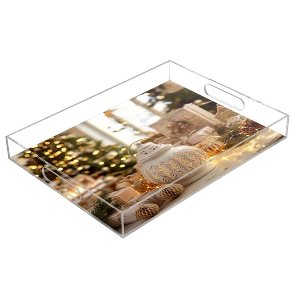 Acrylic Tray 15.7*11.8*1.9 Inch Transparent Tray Food Tray Tea Cup Tray Serving Trays Cosmetics Storage Kitchen Table Bathroom Sundry Storage Romantic Christmas Decorations