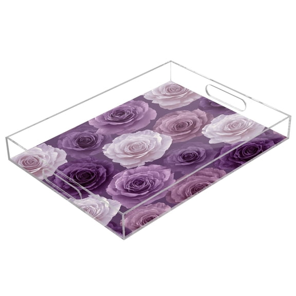 Acrylic Tray 15.7*11.8*1.9 Inch Transparent Tray Food Tray Tea Cup Tray Serving Trays Cosmetics Storage Kitchen Table Bathroom Sundry Storage Romantic Lavender Red Roses
