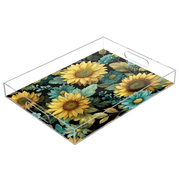 Acrylic Tray 15.7*11.8*1.9 Inch Transparent Tray Food Tray Tea Cup Tray Serving Trays Cosmetics Storage Kitchen Table Bathroom Sundry Storage Sage Leaf Sunflowers