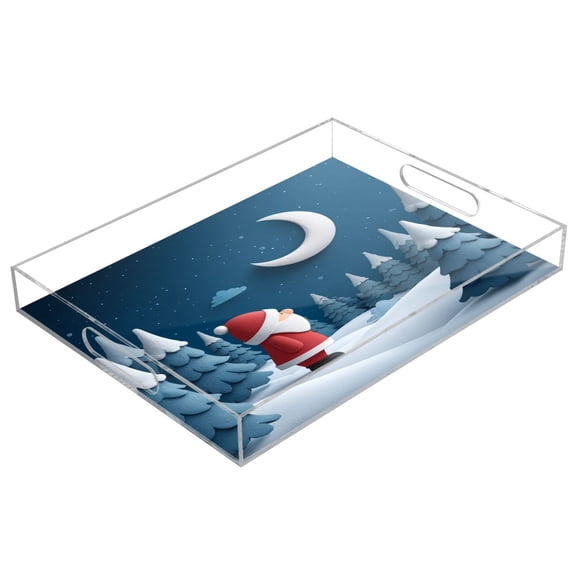 Acrylic Tray 15.7*11.8*1.9 Inch Transparent Tray Food Tray Tea Cup Tray Serving Trays Cosmetics Storage Kitchen Table Bathroom Sundry Storage Santa Claus and The Moon