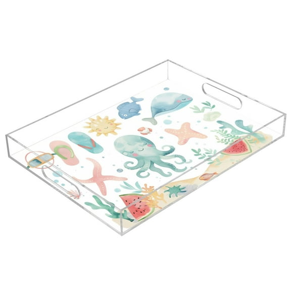 Acrylic Tray 15.7*11.8*1.9 Inch Transparent Tray Food Tray Tea Cup Tray Serving Trays Cosmetics Storage Kitchen Table Bathroom Sundry Storage Sea Life Cartoon Cute