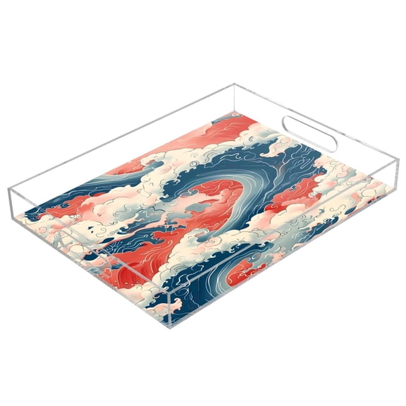 Acrylic Tray 15.7*11.8*1.9 Inch Transparent Tray Food Tray Tea Cup Tray Serving Trays Cosmetics Storage Kitchen Table Bathroom Sundry Storage Sea Wave