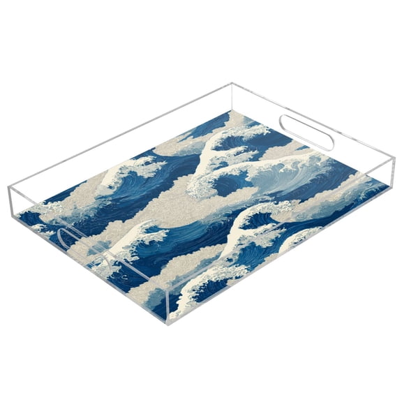 Acrylic Tray 15.7*11.8*1.9 Inch Transparent Tray Food Tray Tea Cup Tray Serving Trays Cosmetics Storage Kitchen Table Bathroom Sundry Storage Seamless Ocean Waves