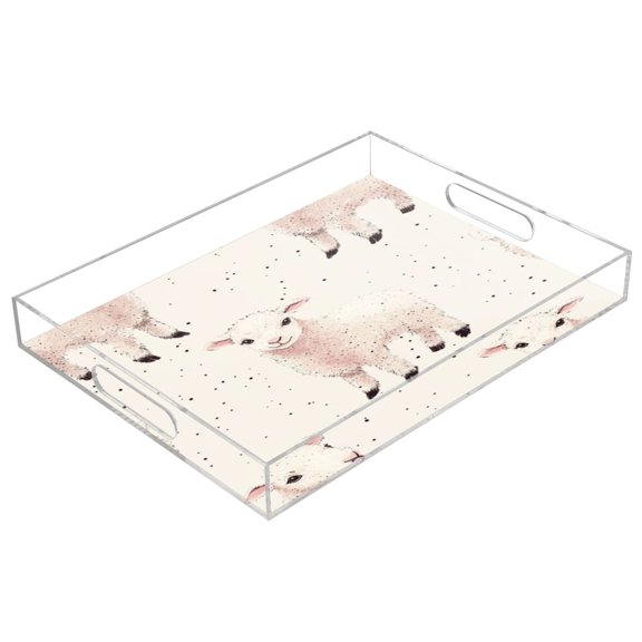 Acrylic Tray 15.7*11.8*1.9 Inch Transparent Tray Food Tray Tea Cup Tray Serving Trays Cosmetics Storage Kitchen Table Bathroom Sundry Storage Seamless Cartoon Lamb