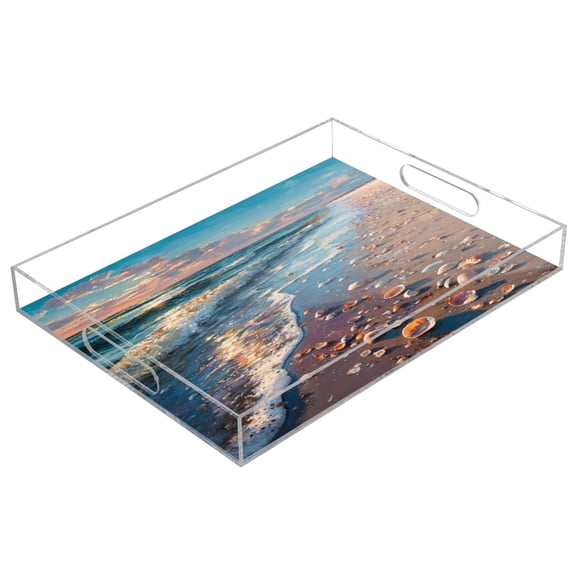 Acrylic Tray 15.7*11.8*1.9 Inch Transparent Tray Food Tray Tea Cup Tray Serving Trays Cosmetics Storage Kitchen Table Bathroom Sundry Storage Seashell Beach Scene