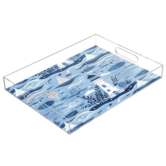 Acrylic Tray 15.7*11.8*1.9 Inch Transparent Tray Food Tray Tea Cup Tray Serving Trays Cosmetics Storage Kitchen Table Bathroom Sundry Storage Seaside Lighthouse
