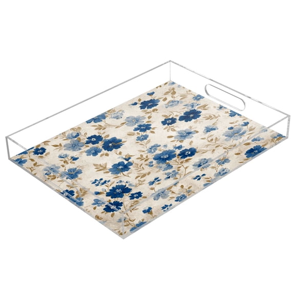 Acrylic Tray 15.7*11.8*1.9 Inch Transparent Tray Food Tray Tea Cup Tray Serving Trays Cosmetics Storage Kitchen Table Bathroom Sundry Storage Shabby Chic Floral Beige Cream