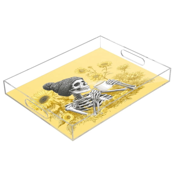 Acrylic Tray 15.7*11.8*1.9 Inch Transparent Tray Food Tray Tea Cup Tray Serving Trays Cosmetics Storage Kitchen Table Bathroom Sundry Storage Skull Coffee