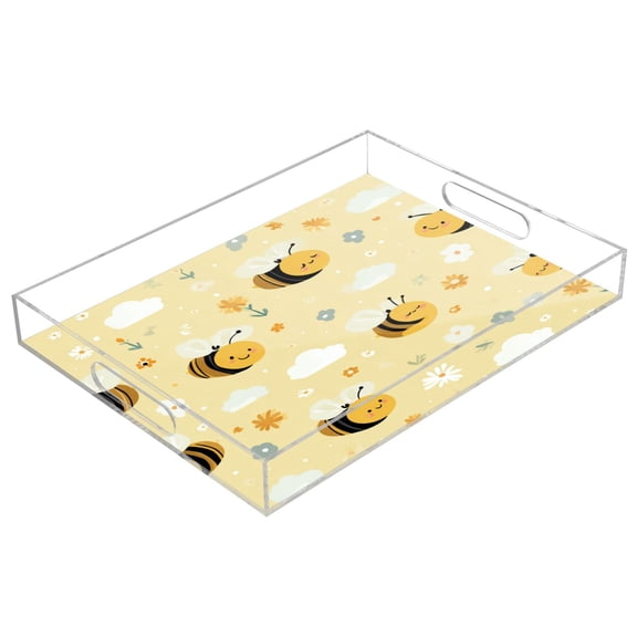 Acrylic Tray 15.7*11.8*1.9 Inch Transparent Tray Food Tray Tea Cup Tray Serving Trays Cosmetics Storage Kitchen Table Bathroom Sundry Storage Smiling Bees Yellow Honeycomb