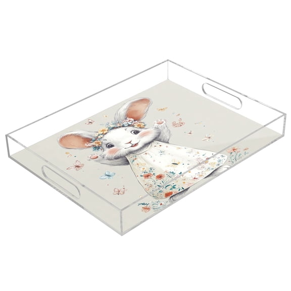 Acrylic Tray 15.7*11.8*1.9 Inch Transparent Tray Food Tray Tea Cup Tray Serving Trays Cosmetics Storage Kitchen Table Bathroom Sundry Storage Smiling White Rabbit