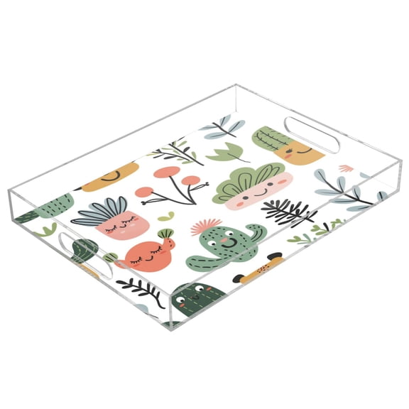 Acrylic Tray 15.7*11.8*1.9 Inch Transparent Tray Food Tray Tea Cup Tray Serving Trays Cosmetics Storage Kitchen Table Bathroom Sundry Storage Smiling Sunflower