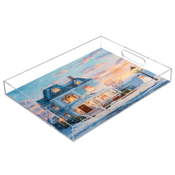 Acrylic Tray 15.7*11.8*1.9 Inch Transparent Tray Food Tray Tea Cup Tray Serving Trays Cosmetics Storage Kitchen Table Bathroom Sundry Storage Snow Christmas House