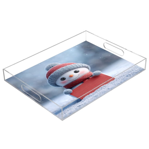Acrylic Tray 15.7*11.8*1.9 Inch Transparent Tray Food Tray Tea Cup Tray Serving Trays Cosmetics Storage Kitchen Table Bathroom Sundry Storage Snowman Cute