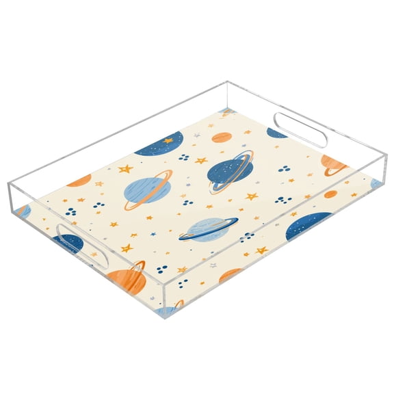 Acrylic Tray 15.7*11.8*1.9 Inch Transparent Tray Food Tray Tea Cup Tray Serving Trays Cosmetics Storage Kitchen Table Bathroom Sundry Storage Space Planet Pattern