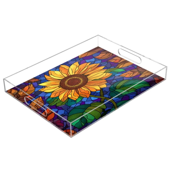 Acrylic Tray 15.7*11.8*1.9 Inch Transparent Tray Food Tray Tea Cup Tray Serving Trays Cosmetics Storage Kitchen Table Bathroom Sundry Storage Stained Glass Sunflower