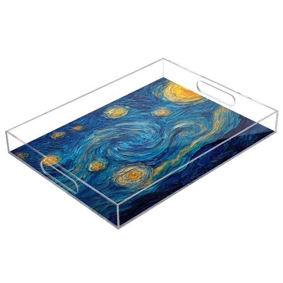 Acrylic Tray 15.7*11.8*1.9 Inch Transparent Tray Food Tray Tea Cup Tray Serving Trays Cosmetics Storage Kitchen Table Bathroom Sundry Storage Starry Night Beautiful