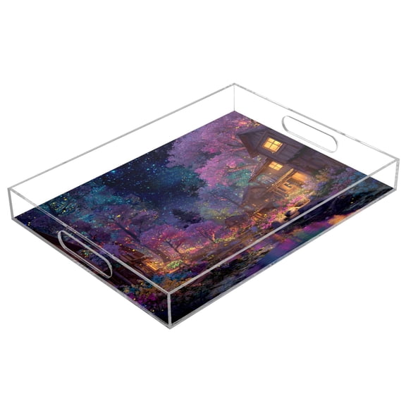 Acrylic Tray 15.7*11.8*1.9 Inch Transparent Tray Food Tray Tea Cup Tray Serving Trays Cosmetics Storage Kitchen Table Bathroom Sundry Storage Starry Neon Flower Trail