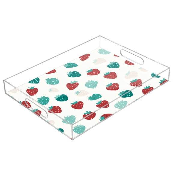 Acrylic Tray 15.7*11.8*1.9 Inch Transparent Tray Food Tray Tea Cup Tray Serving Trays Cosmetics Storage Kitchen Table Bathroom Sundry Storage Strawberry Pattern Pastel