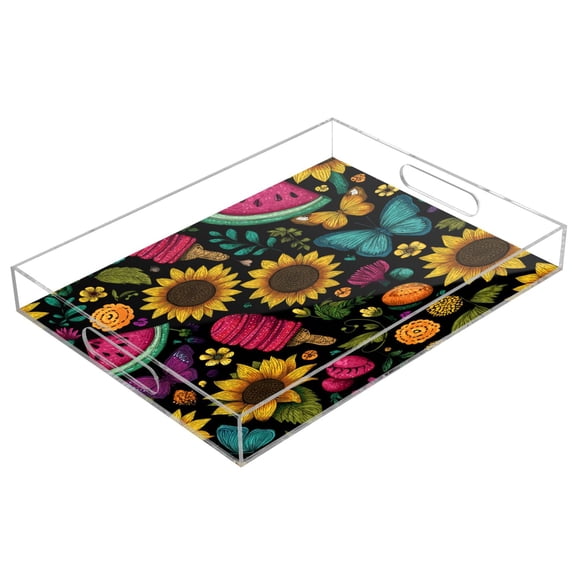 Acrylic Tray 15.7*11.8*1.9 Inch Transparent Tray Food Tray Tea Cup Tray Serving Trays Cosmetics Storage Kitchen Table Bathroom Sundry Storage Summer Elements Pattern