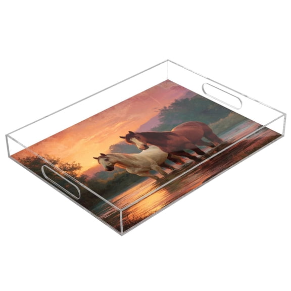 Acrylic Tray 15.7*11.8*1.9 Inch Transparent Tray Food Tray Tea Cup Tray Serving Trays Cosmetics Storage Kitchen Table Bathroom Sundry Storage Sun and The Horses
