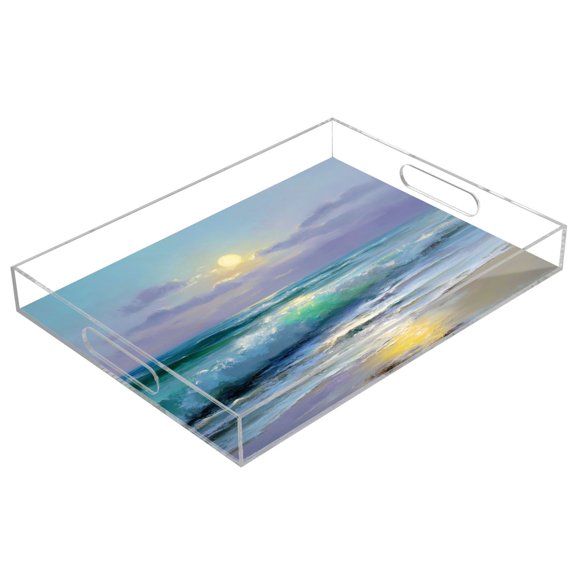 Acrylic Tray 15.7*11.8*1.9 Inch Transparent Tray Food Tray Tea Cup Tray Serving Trays Cosmetics Storage Kitchen Table Bathroom Sundry Storage Sun Moon Waves