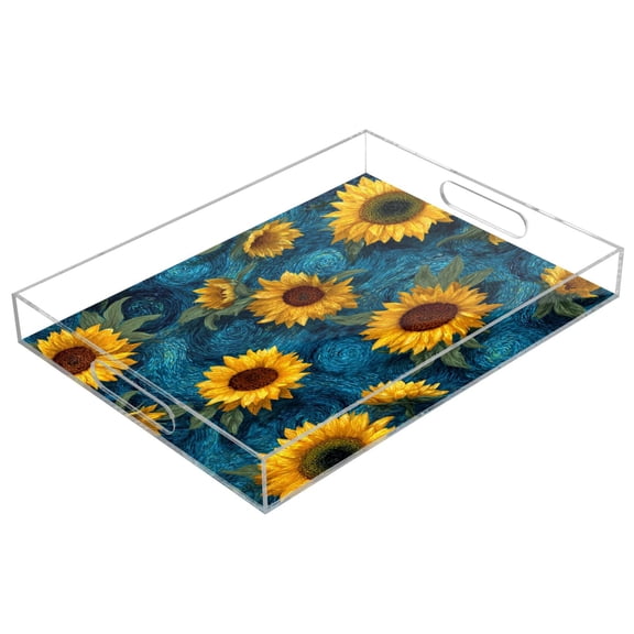 Acrylic Tray 15.7*11.8*1.9 Inch Transparent Tray Food Tray Tea Cup Tray Serving Trays Cosmetics Storage Kitchen Table Bathroom Sundry Storage Sunflower Float Blue Botanical