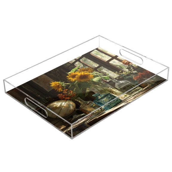 Acrylic Tray 15.7*11.8*1.9 Inch Transparent Tray Food Tray Tea Cup Tray Serving Trays Cosmetics Storage Kitchen Table Bathroom Sundry Storage Sunflowers in Table Vases