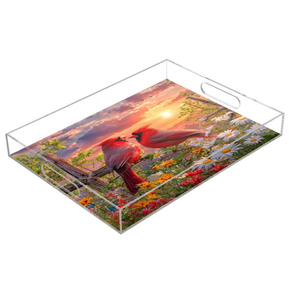 Acrylic Tray 15.7*11.8*1.9 Inch Transparent Tray Food Tray Tea Cup Tray Serving Trays Cosmetics Storage Kitchen Table Bathroom Sundry Storage Sunrise Bird Scene