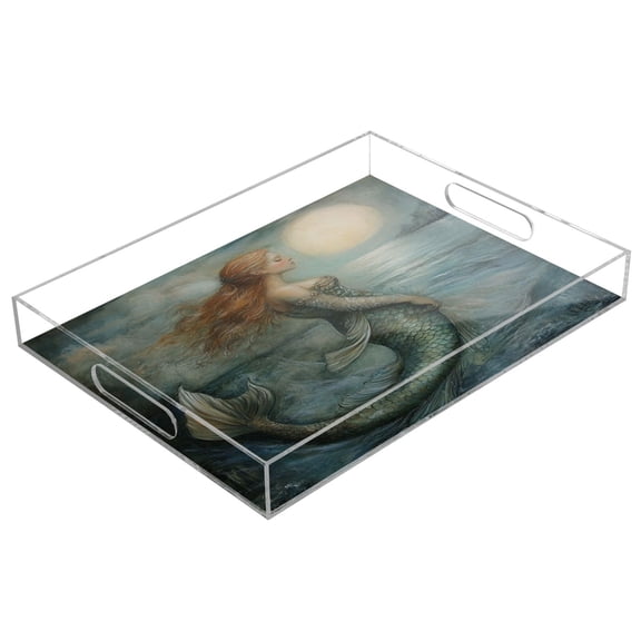 Acrylic Tray 15.7*11.8*1.9 Inch Transparent Tray Food Tray Tea Cup Tray Serving Trays Cosmetics Storage Kitchen Table Bathroom Sundry Storage Sunset Mermaid