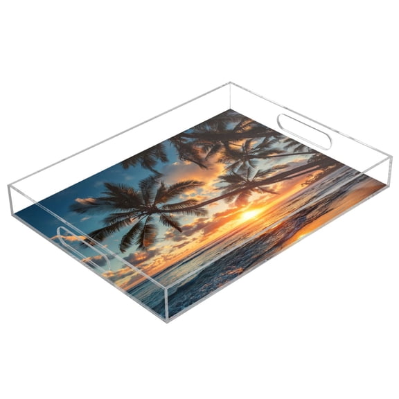 Acrylic Tray 15.7*11.8*1.9 Inch Transparent Tray Food Tray Tea Cup Tray Serving Trays Cosmetics Storage Kitchen Table Bathroom Sundry Storage Sunset Beach Palm Trees