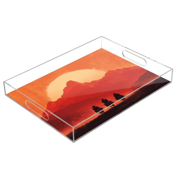 Acrylic Tray 15.7*11.8*1.9 Inch Transparent Tray Food Tray Tea Cup Tray Serving Trays Cosmetics Storage Kitchen Table Bathroom Sundry Storage Sunset Mountain Silhouettes