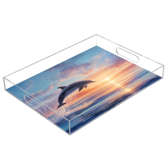 Acrylic Tray 15.7*11.8*1.9 Inch Transparent Tray Food Tray Tea Cup Tray Serving Trays Cosmetics Storage Kitchen Table Bathroom Sundry Storage Sunset Ocean Dolphin
