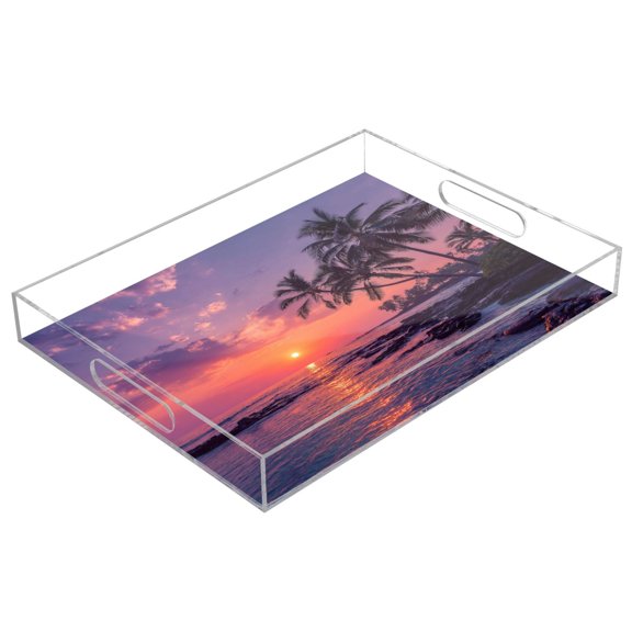 Acrylic Tray 15.7*11.8*1.9 Inch Transparent Tray Food Tray Tea Cup Tray Serving Trays Cosmetics Storage Kitchen Table Bathroom Sundry Storage Sunset at The Seaside