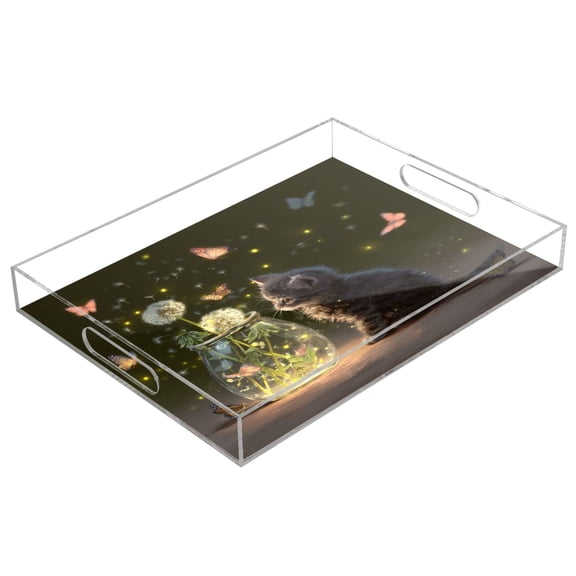 Acrylic Tray 15.7*11.8*1.9 Inch Transparent Tray Food Tray Tea Cup Tray Serving Trays Cosmetics Storage Kitchen Table Bathroom Sundry Storage Sweet Kitty Glow