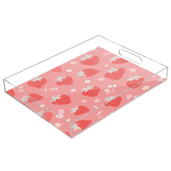 Acrylic Tray 15.7*11.8*1.9 Inch Transparent Tray Food Tray Tea Cup Tray Serving Trays Cosmetics Storage Kitchen Table Bathroom Sundry Storage Sweet Pink Strawberry Pattern