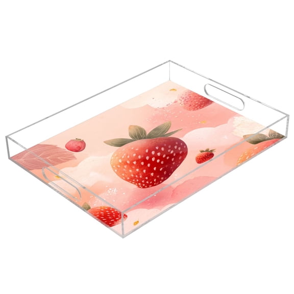 Acrylic Tray 15.7*11.8*1.9 Inch Transparent Tray Food Tray Tea Cup Tray Serving Trays Cosmetics Storage Kitchen Table Bathroom Sundry Storage Sweet Strawberry Hand Drawn