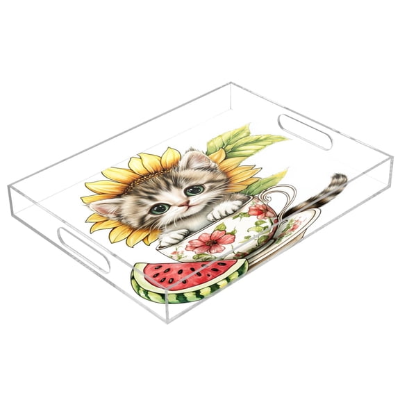 Acrylic Tray 15.7*11.8*1.9 Inch Transparent Tray Food Tray Tea Cup Tray Serving Trays Cosmetics Storage Kitchen Table Bathroom Sundry Storage Teacup Black Kitten