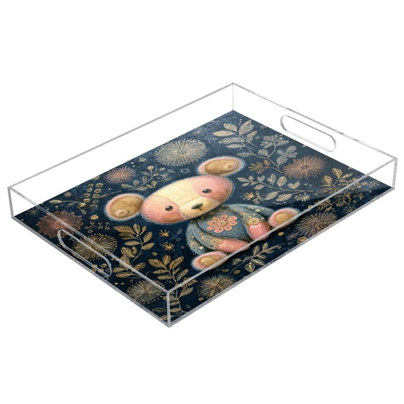 Acrylic Tray 15.7*11.8*1.9 Inch Transparent Tray Food Tray Tea Cup Tray Serving Trays Cosmetics Storage Kitchen Table Bathroom Sundry Storage Teddy Bear Pastel Style